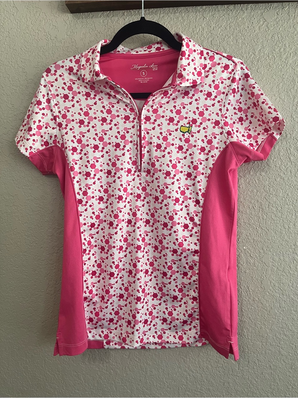 Magnolia Lane Tech Masters Golf Polo Shirt Small Pink Quarter Zip Geometric